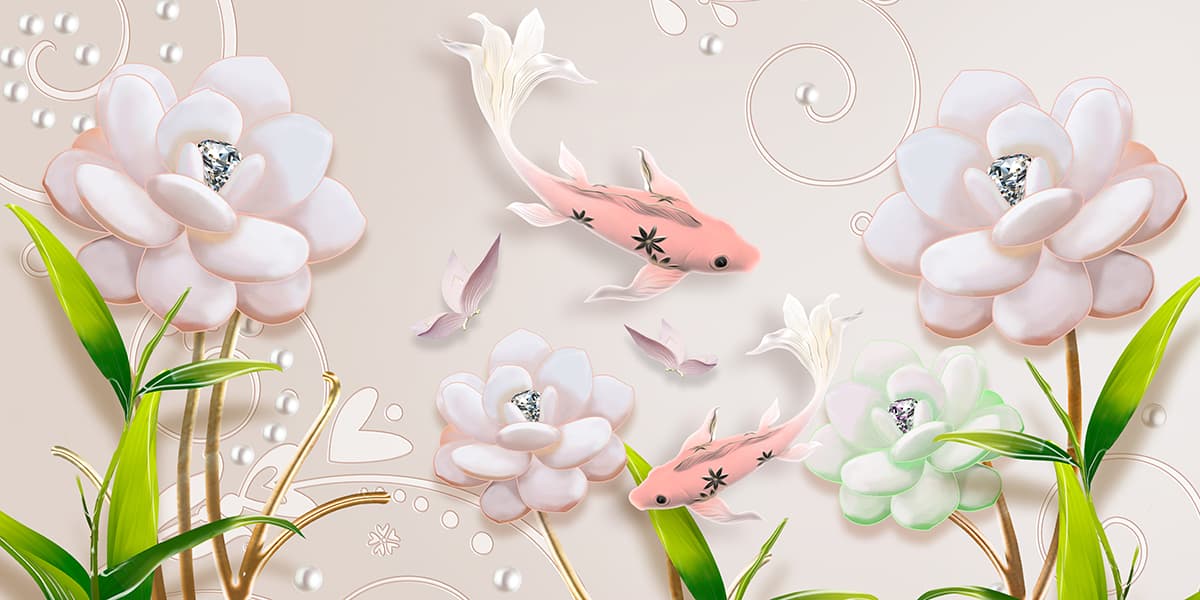 A wallpaper with fish and flowers pattern detail
