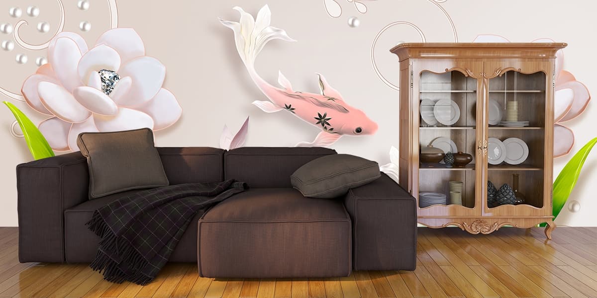 A wallpaper with fish and flowers shown in a room