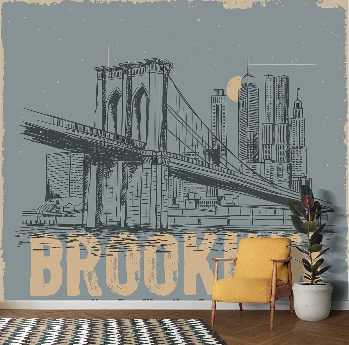 Modern City Bridge Graphic Urban Style Wallpaper shown in a room