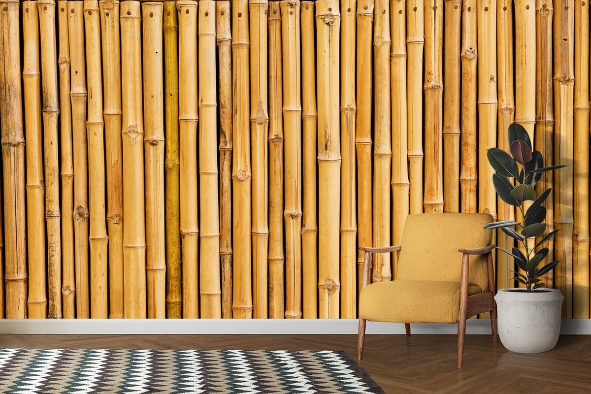 A 3D Wallpaper Mural Effect Realistic Bamboo Sticks shown in a room