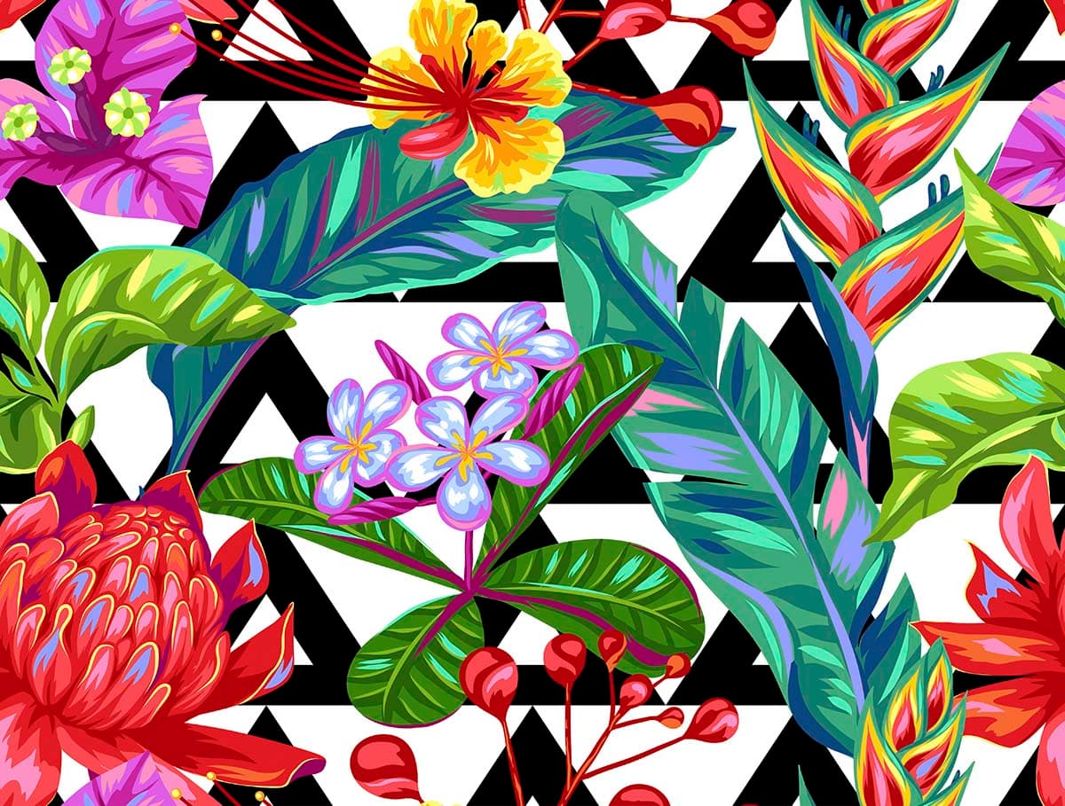 Colorful Flowers and Leaves on Black and White Background Botanical Wallpaper pattern detail