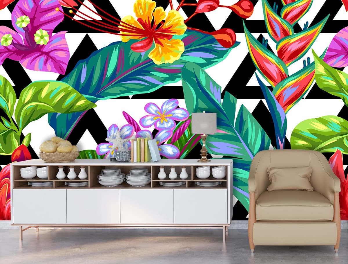 Colorful Flowers and Leaves on Black and White Background Botanical Wallpaper shown in a room