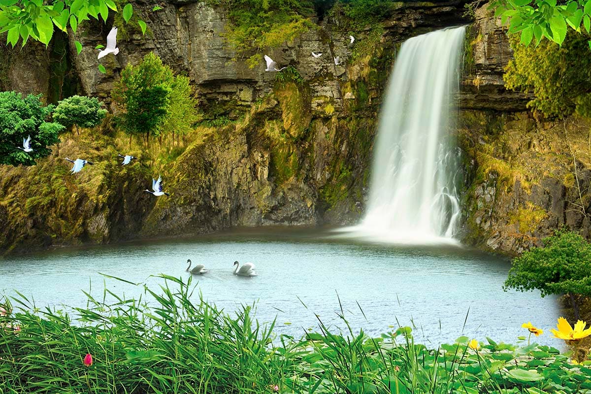 Peaceful waterfall scenery with birds in sky wallpaper pattern detail