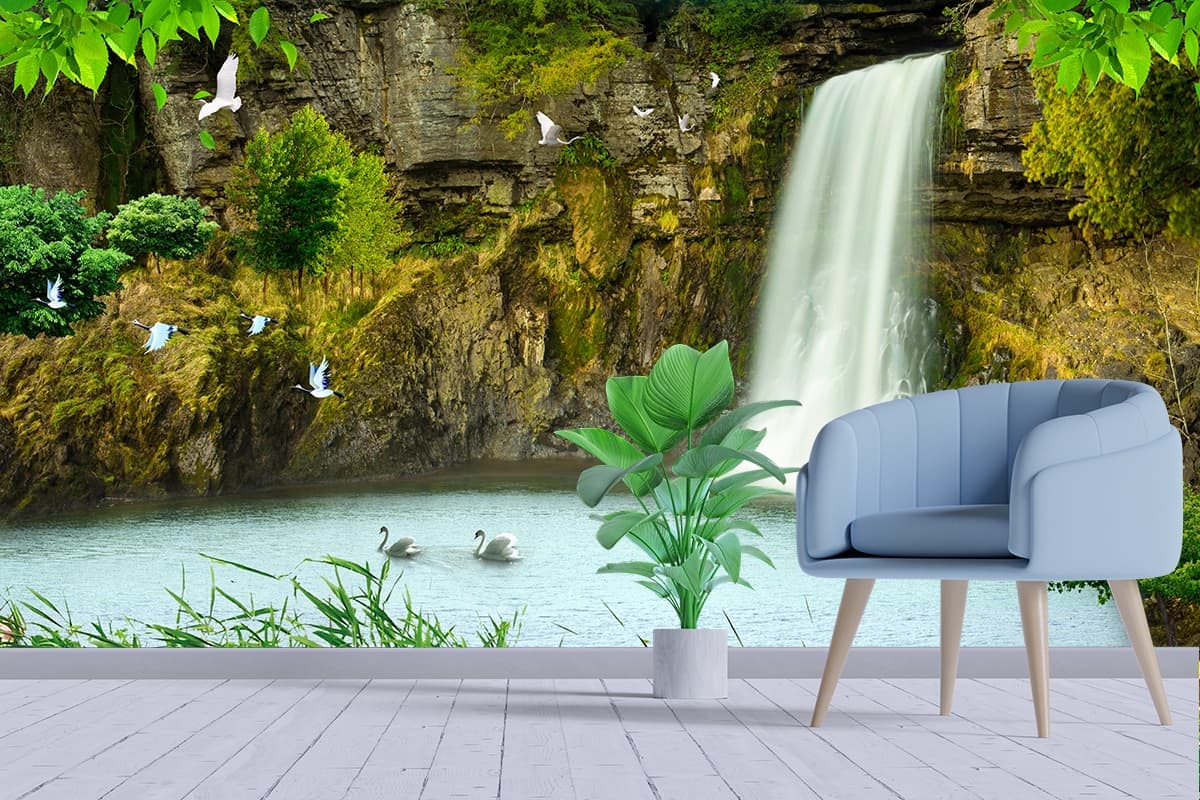 Peaceful waterfall scenery with birds in sky wallpaper shown in a room