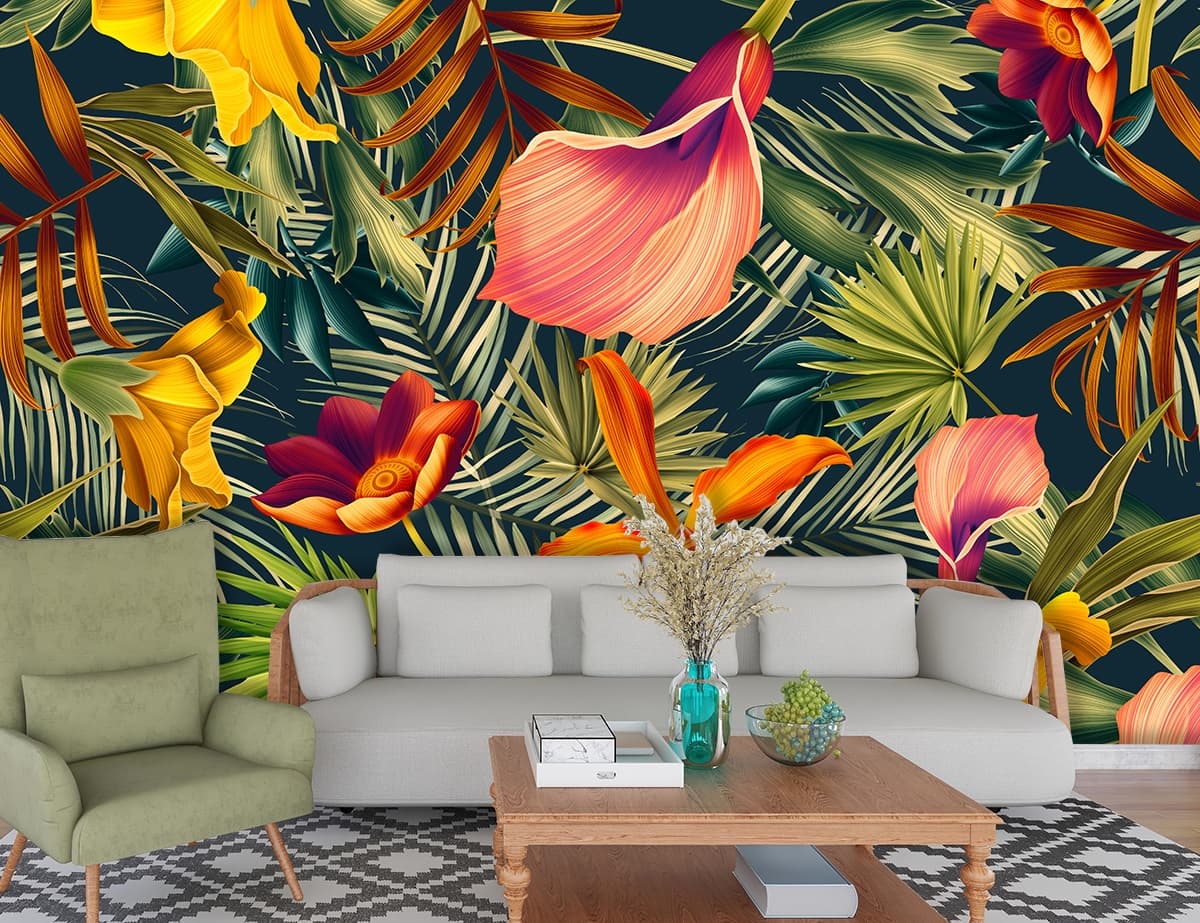 3D Forest Flowers Wallpaper for Home shown in a room