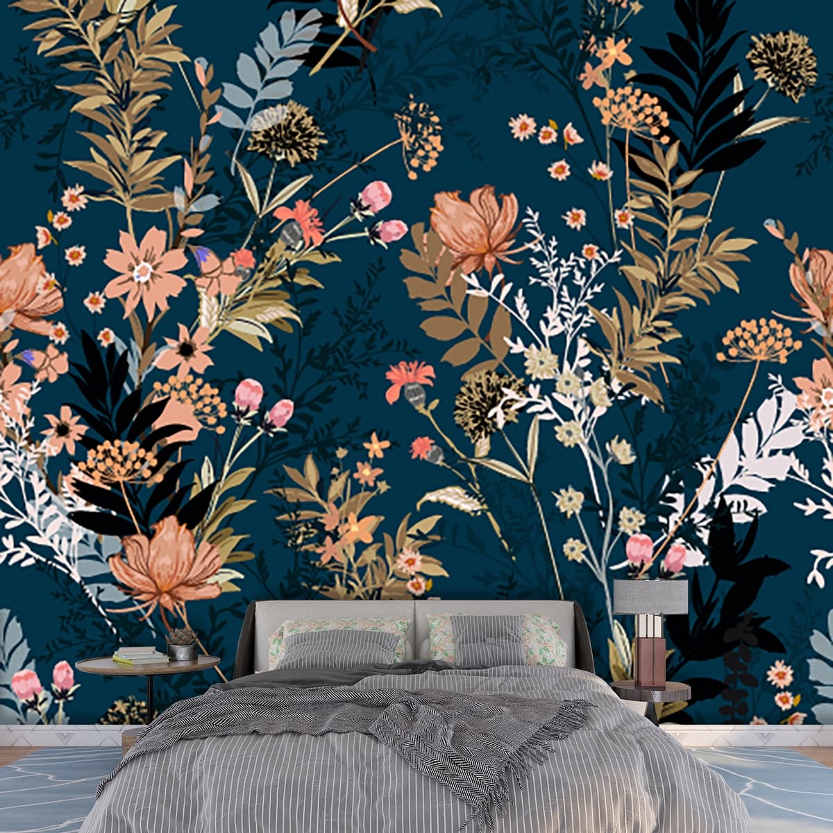 A floral pattern on a blue background shown in a room