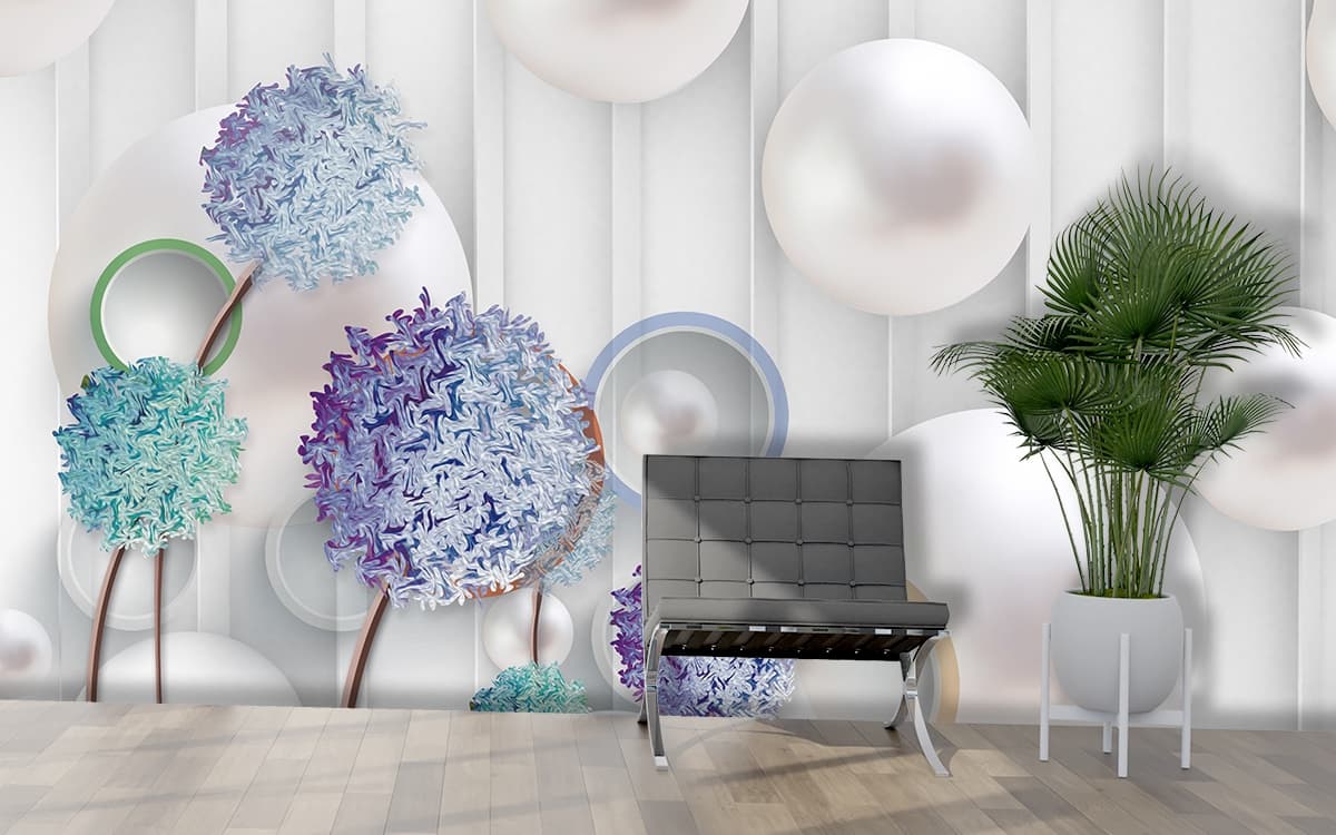 A wallpaper with balls and flowers shown in a room