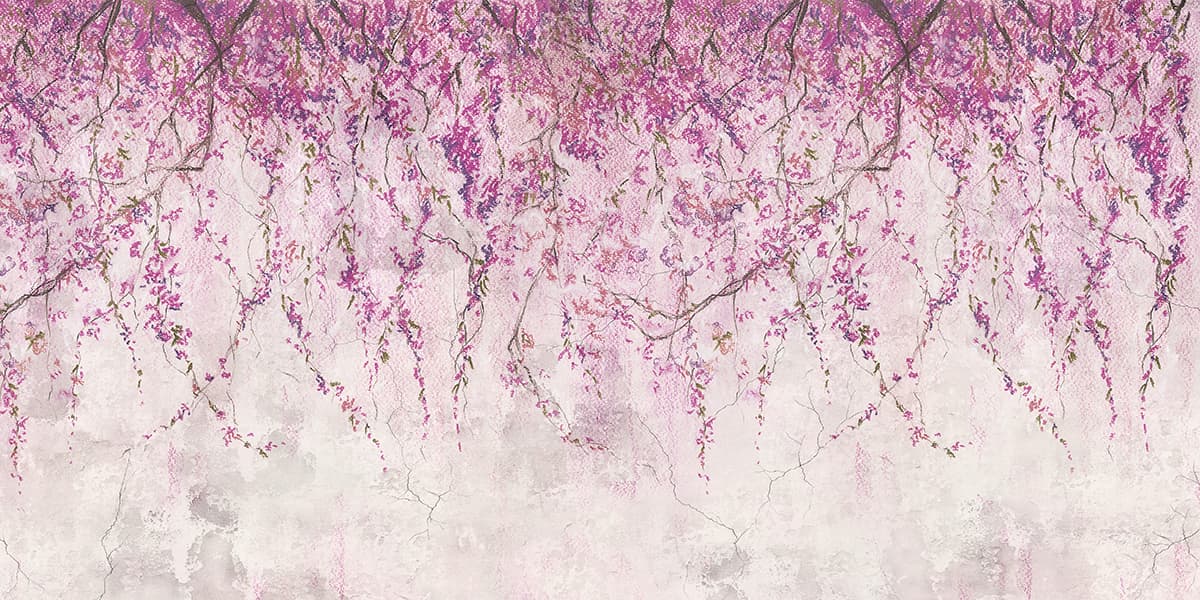 Pink Cherry Blossom Branches on Textured Wallpaper pattern detail