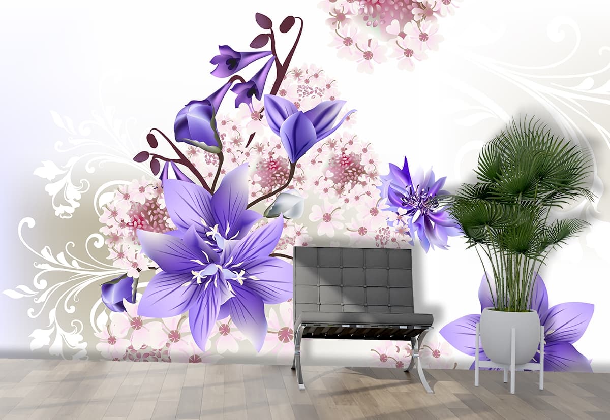 Blossom Purple Floral White Background Wallpaper shown in a room