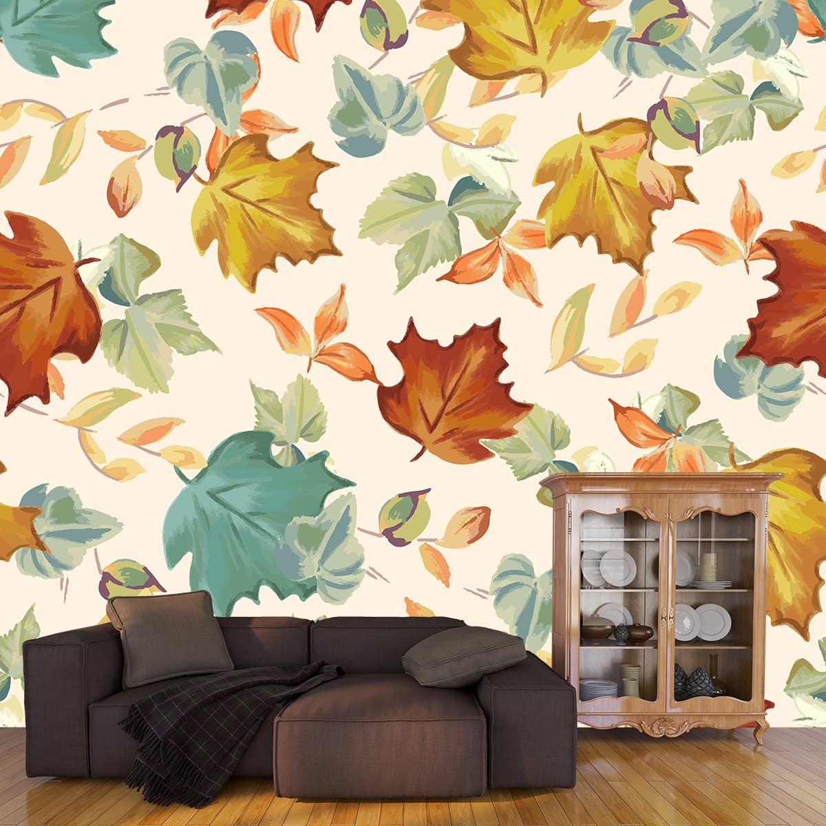 Dancing Colorful Leaves Wallpaper shown in a room
