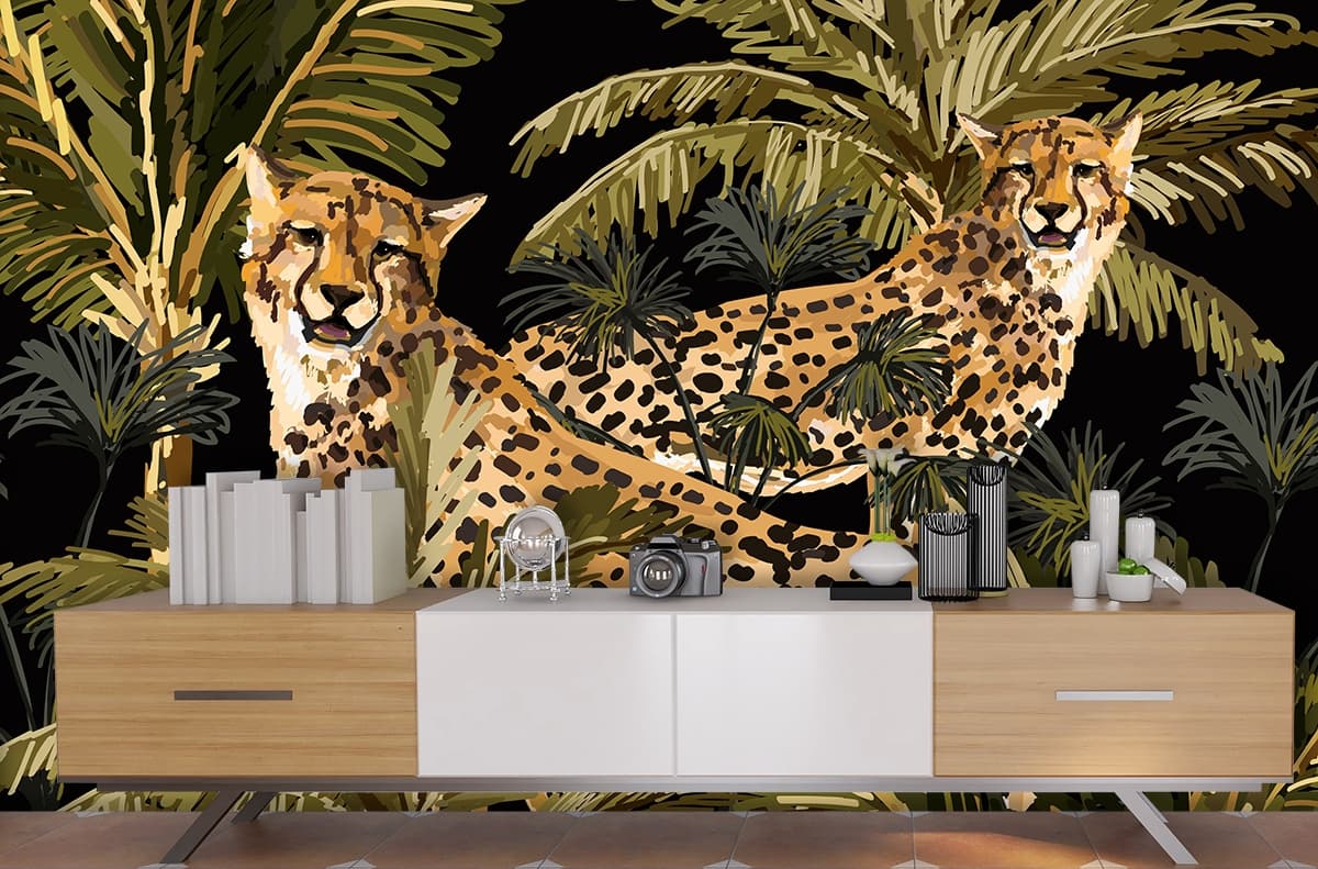 Realistic Wildlife Jungle with Two Cheetahs Wallpaper shown in a room