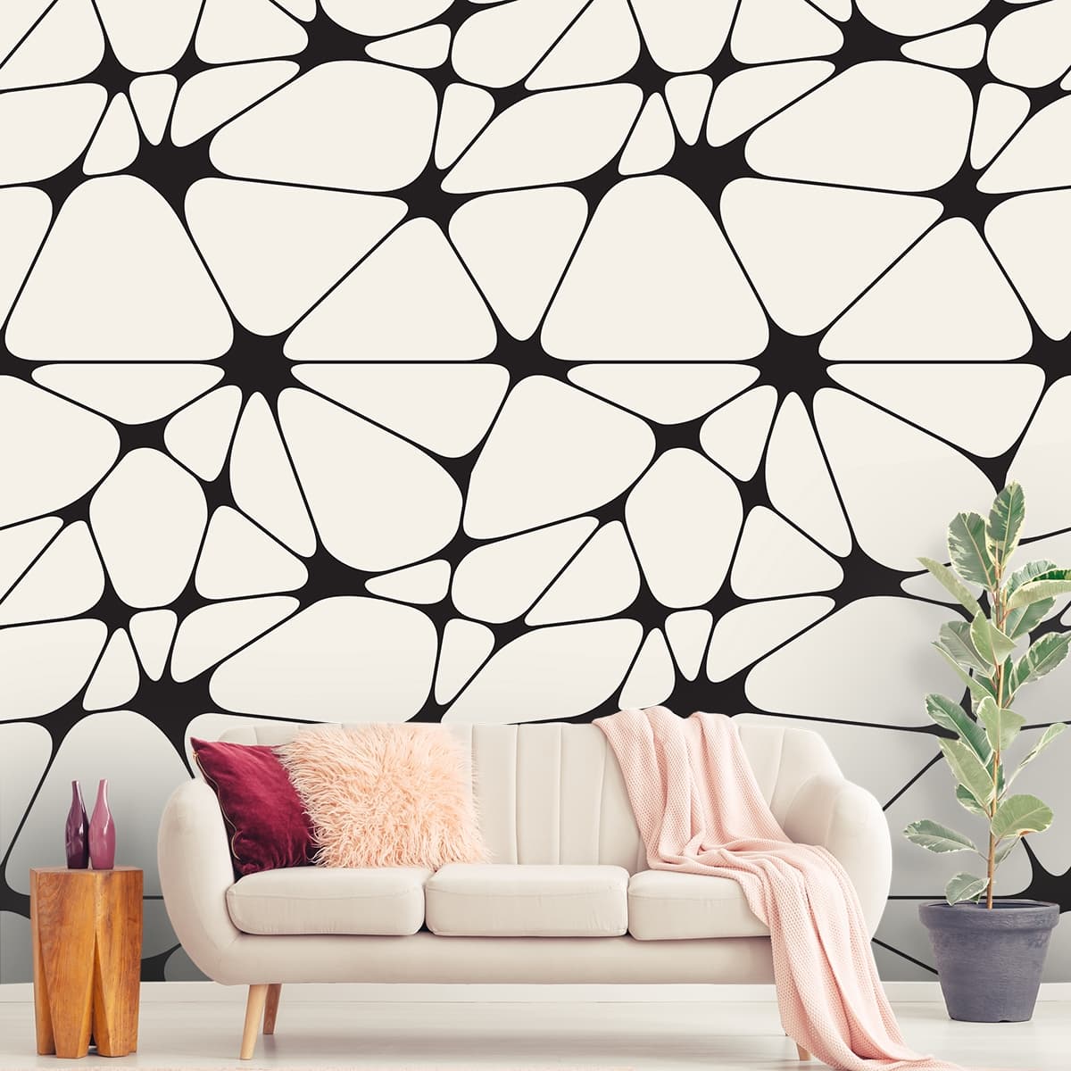 Black and White Geometric Pattern Wallpaper shown in a room