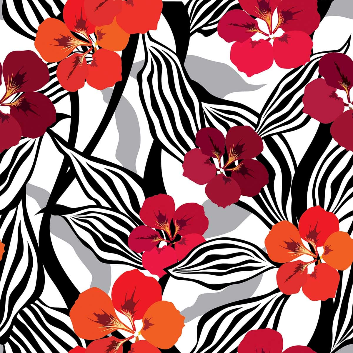 A Blooming Red Flowers and Aesthetic Leaves pattern detail