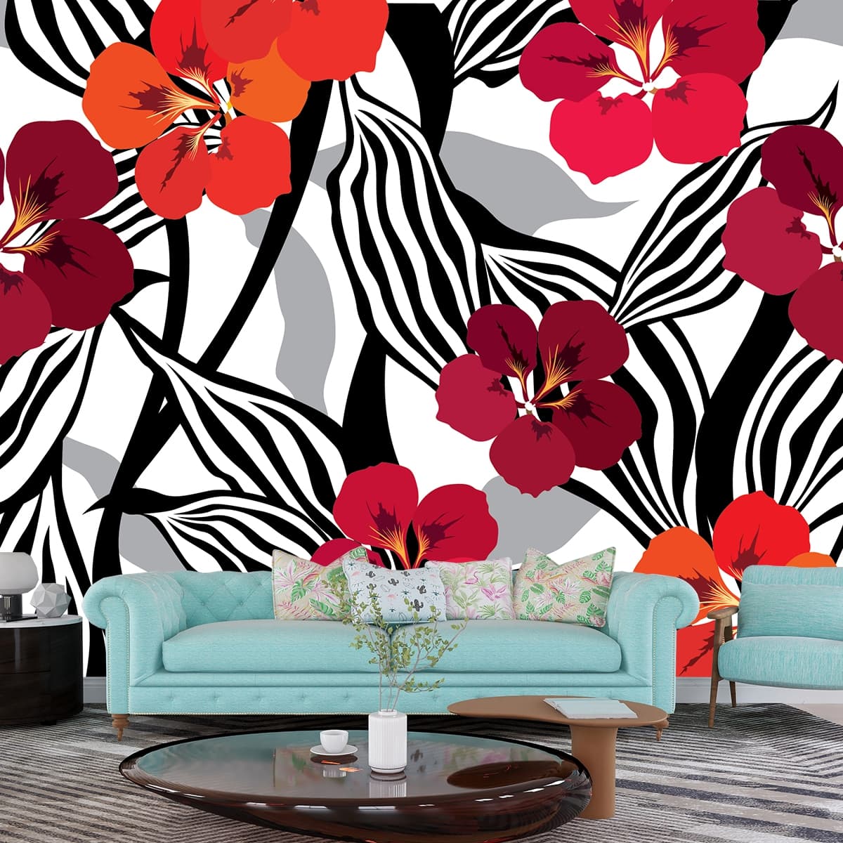 A Blooming Red Flowers and Aesthetic Leaves shown in a room
