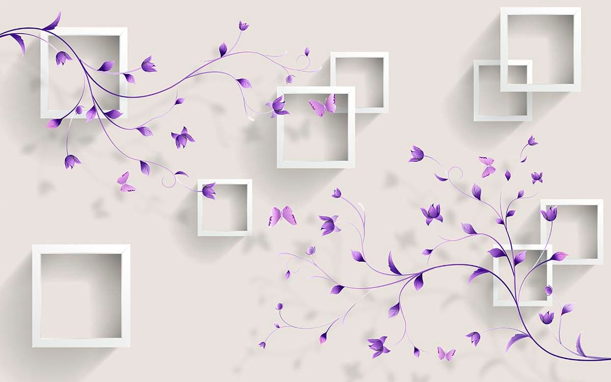Artistic Purple Flowers with Geometric Squares wallpaper pattern detail