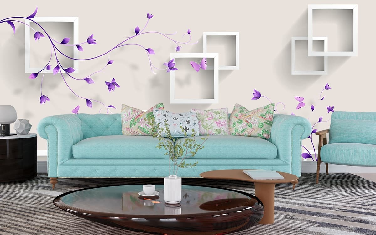 Artistic Purple Flowers with Geometric Squares wallpaper shown in a room