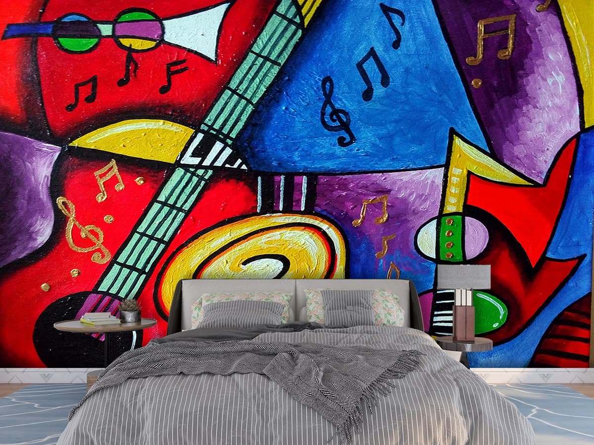 Elegant Music Instruments Art Composition Wallpaper shown in a room