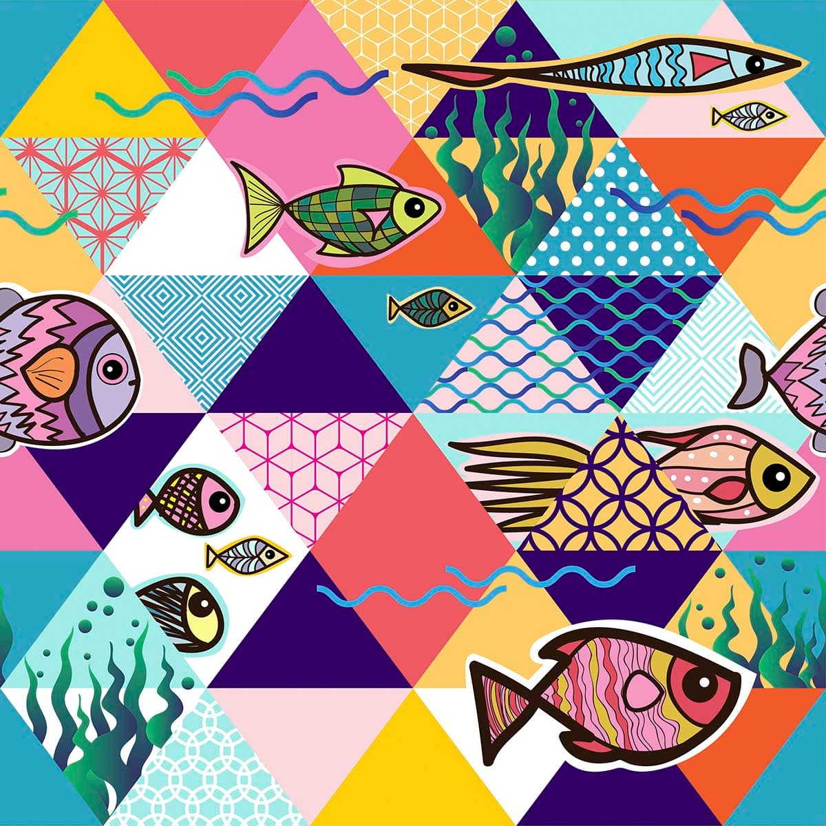 Colorful Fish and Water Pattern Kids Room Wallpaper pattern detail