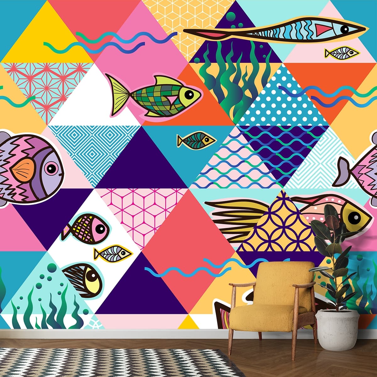 Colorful Fish and Water Pattern Kids Room Wallpaper shown in a room