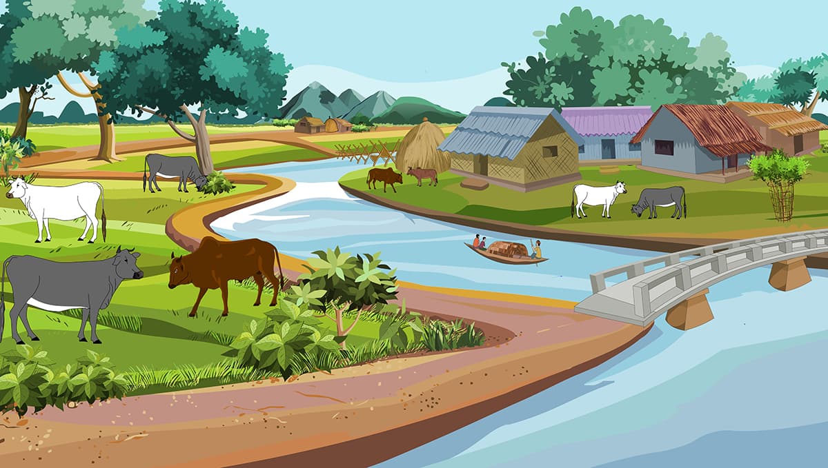 Scenic River and Village Landscape Nature Wallpaper pattern detail