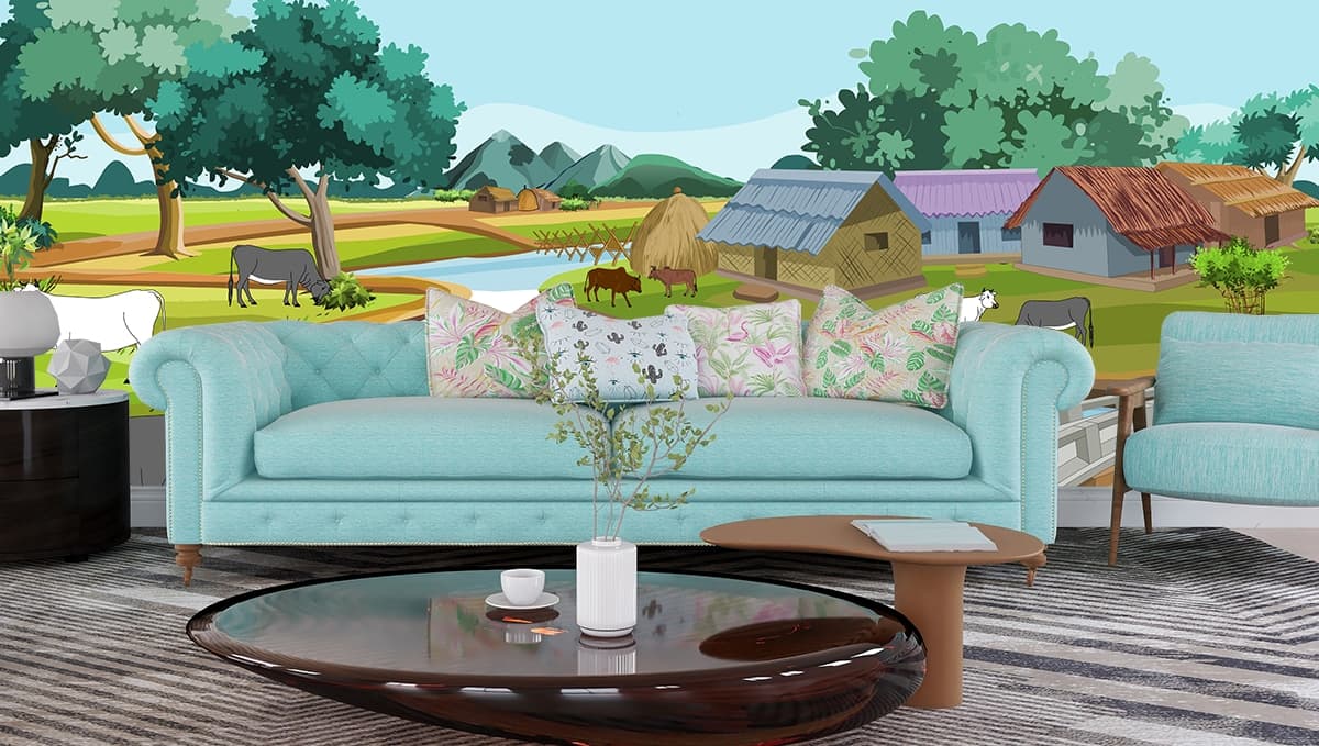 Scenic River and Village Landscape Nature Wallpaper shown in a room