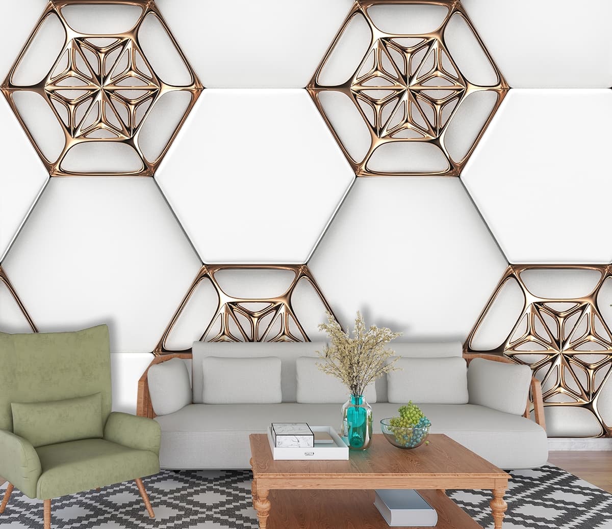 A White and Gold Hexagons shown in a room