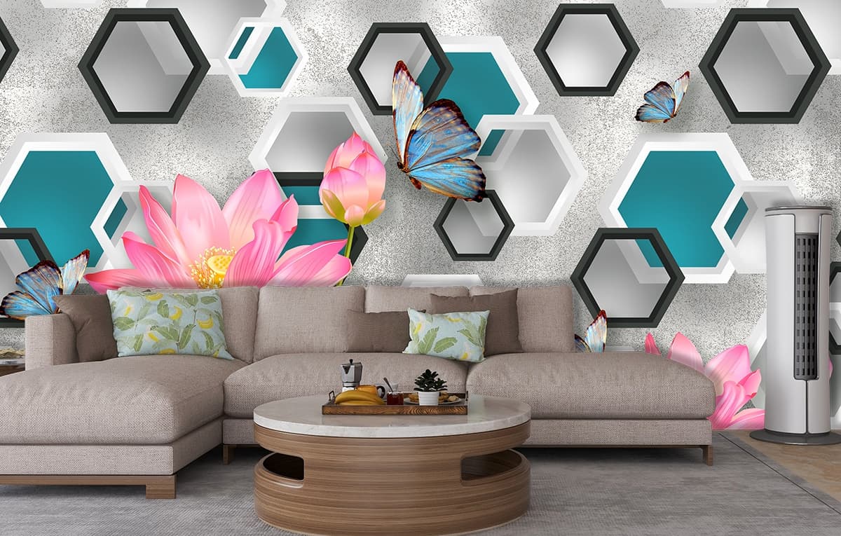Flowers and Butterflies Pattern Elegant Wall Mural Wallpaper shown in a room