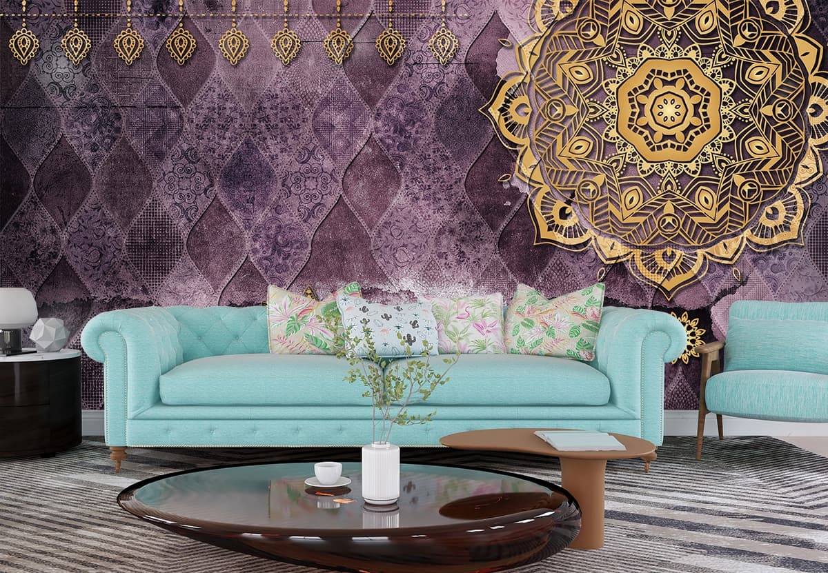 Luxury Pink and White Marble Gold Line Wallpaper shown in a room