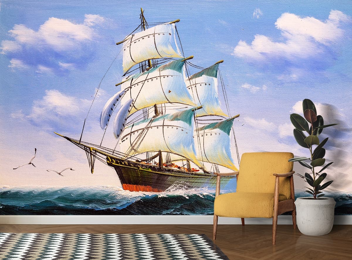 Ocean Ship Painting Artistic Wallpaper for Wall shown in a room