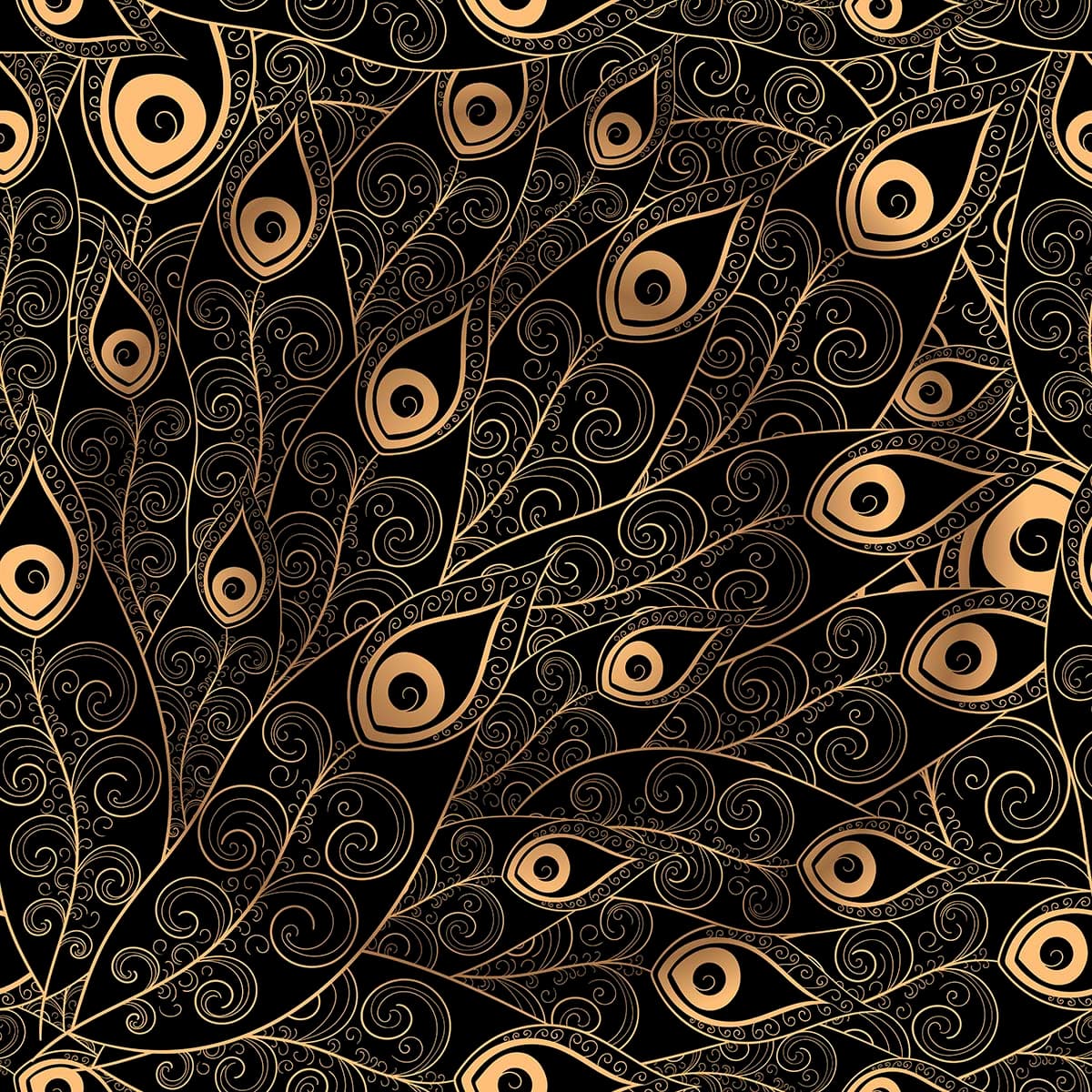 Gold and Black Peacock Feather Patterned Wallpaper pattern detail