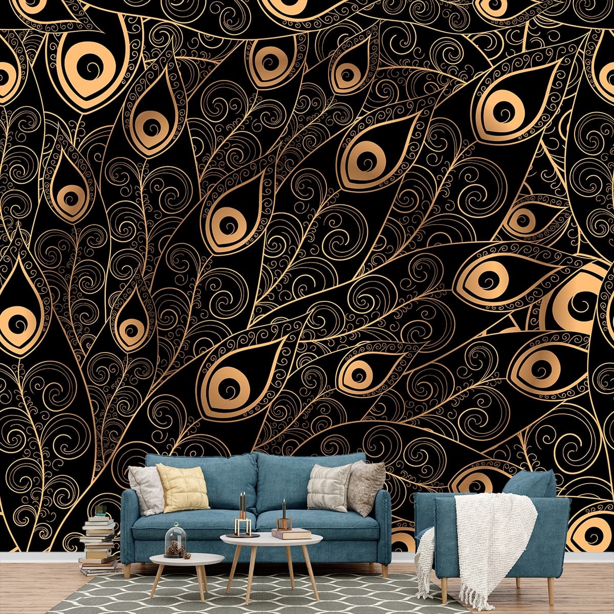 Gold and Black Peacock Feather Patterned Wallpaper shown in a room