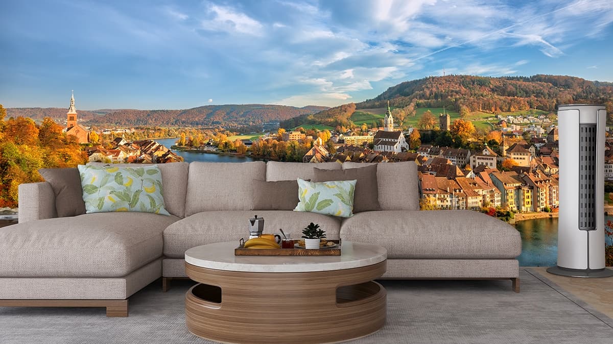 Luxury Architectural Bridge over River in Town Wallpaper shown in a room