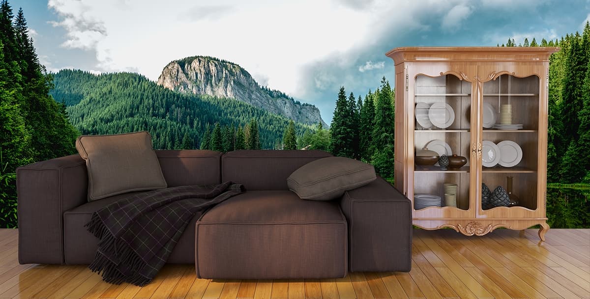 Serene Lake and Mountain, Forest Wallpaper for Walls shown in a room