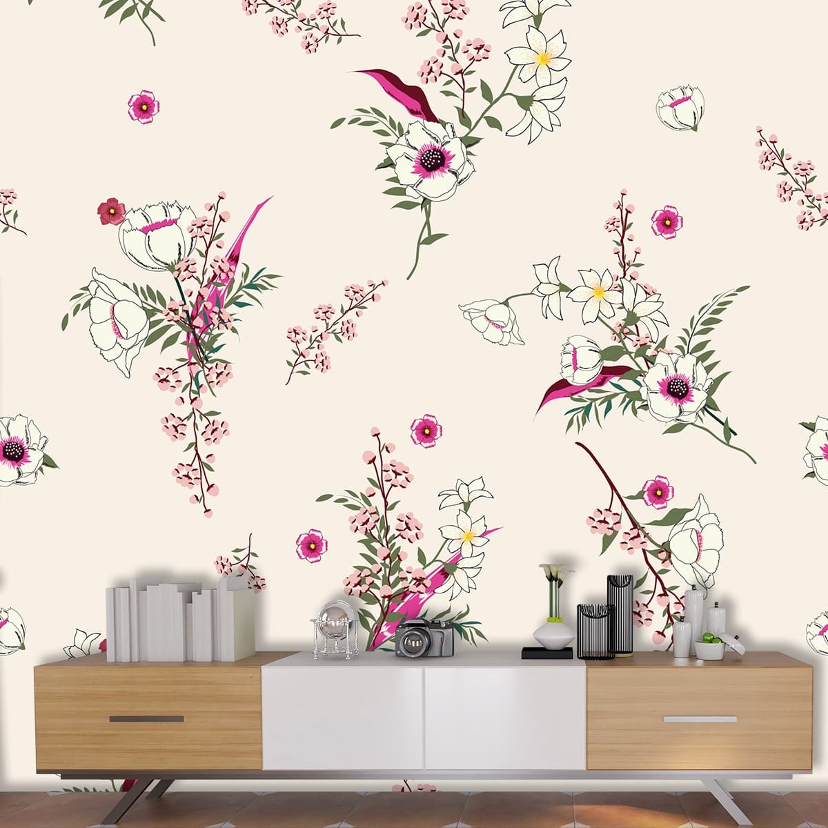 A pattern of flowers on a white background shown in a room