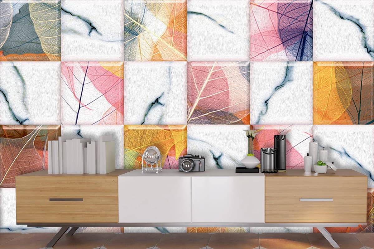 A tile with colorful leaves shown in a room