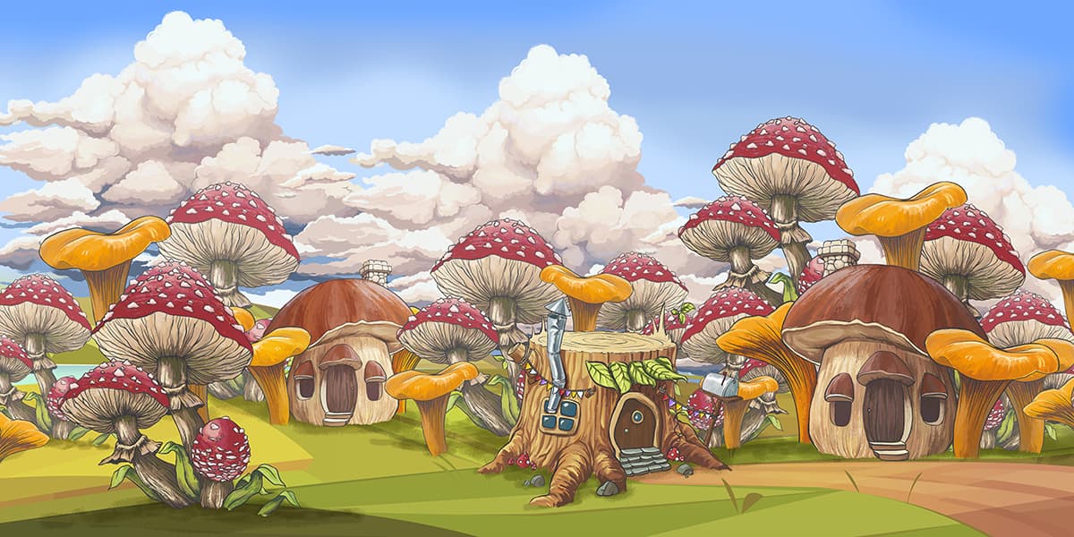 Whimsical Mushroom Tree Stump Cartoon Wallpaper pattern detail