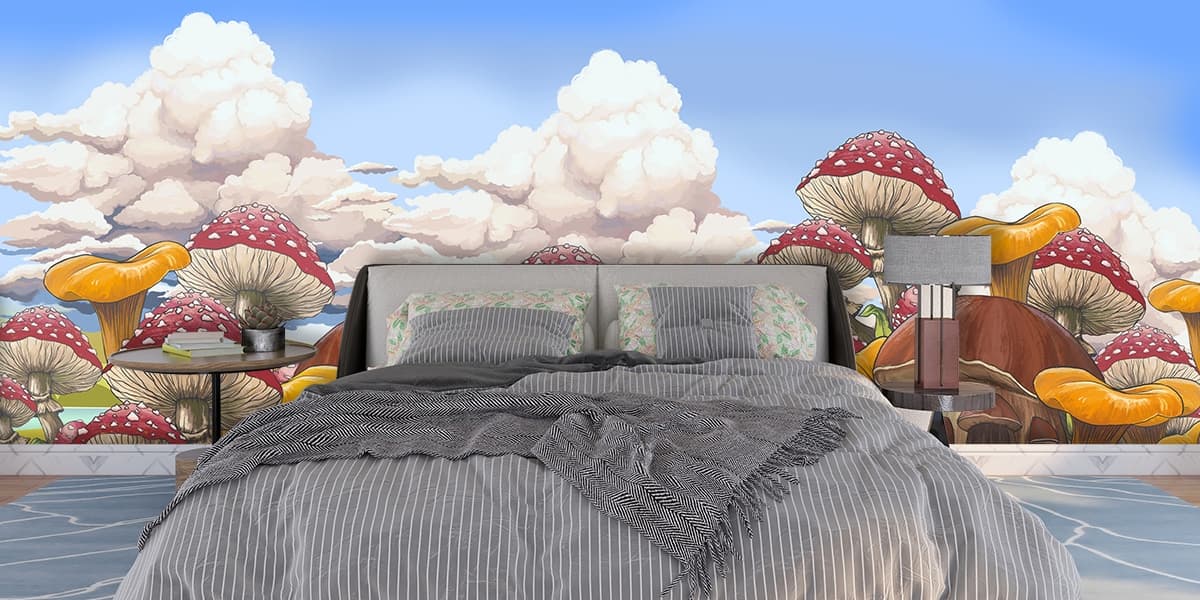 Whimsical Mushroom Tree Stump Cartoon Wallpaper shown in a room