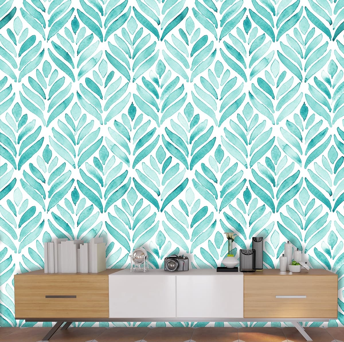 Turquoise Pattern of Leaves Wallpaper Mural shown in a room
