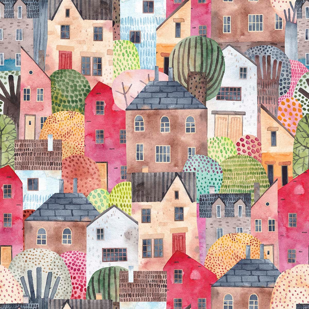 Watercolor Houses and Trees Scenic Wallpaper pattern detail