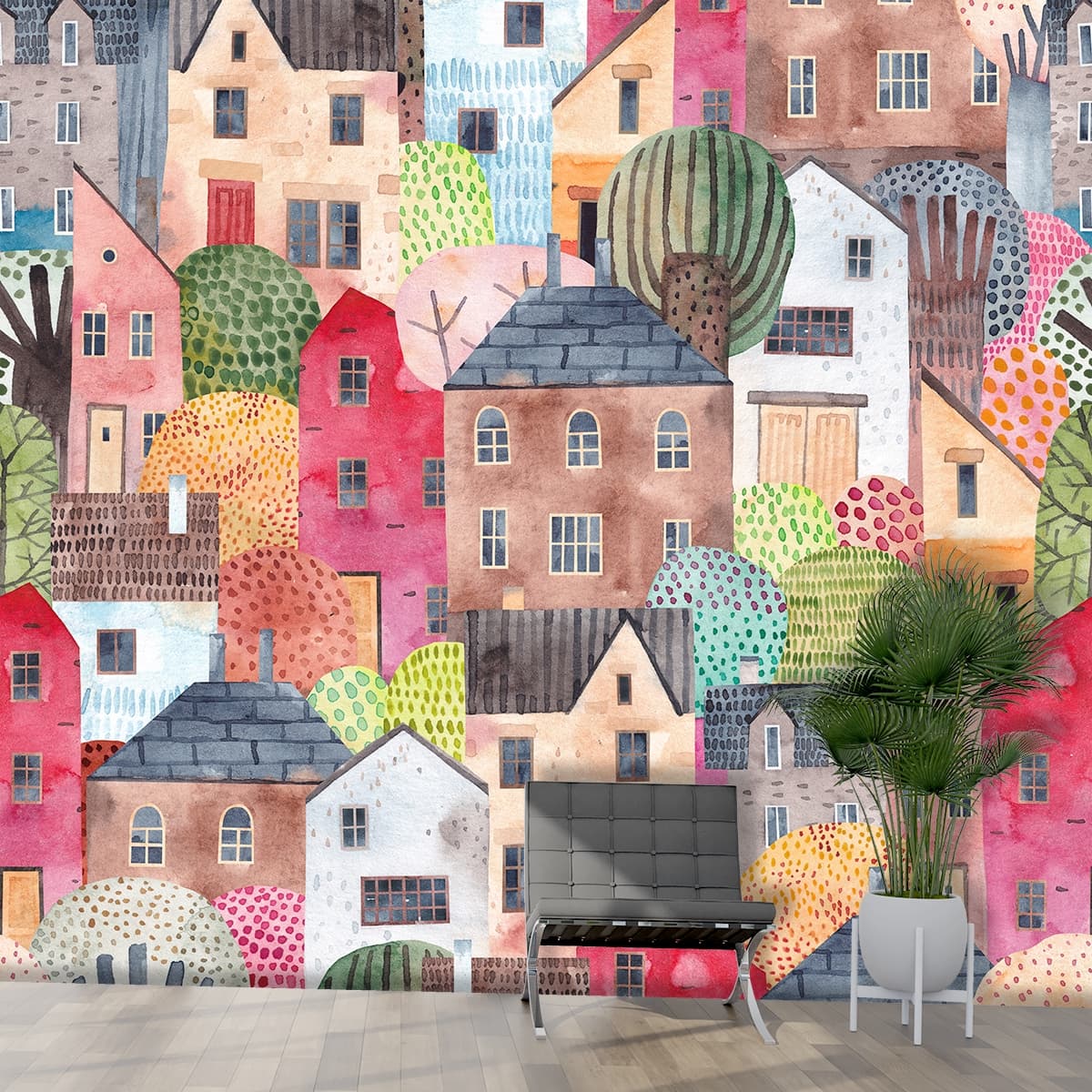 Watercolor Houses and Trees Scenic Wallpaper shown in a room