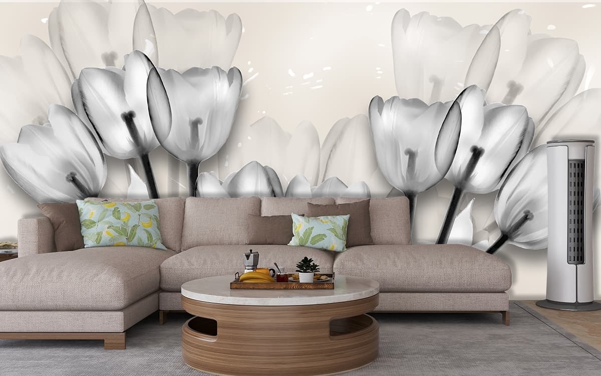 Simple 3D Style Large Black Tulip Wall Wallpaper shown in a room