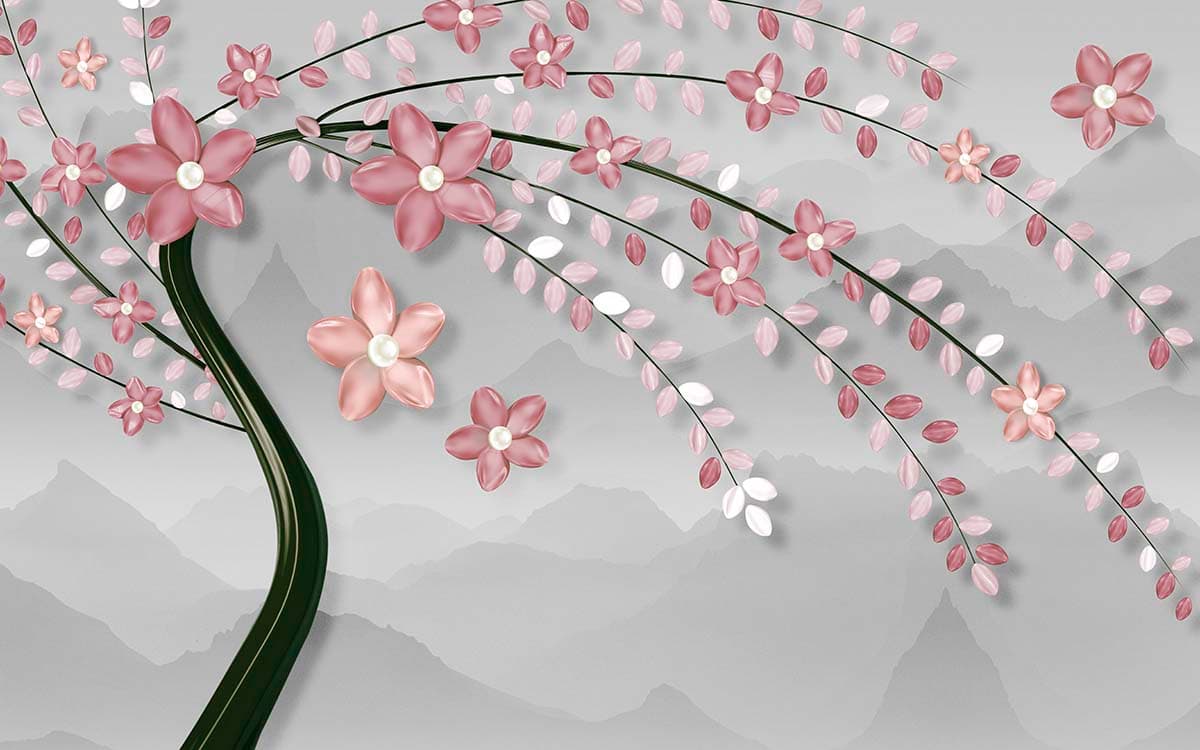 A Tree with Pink Flowers and Leaves pattern detail