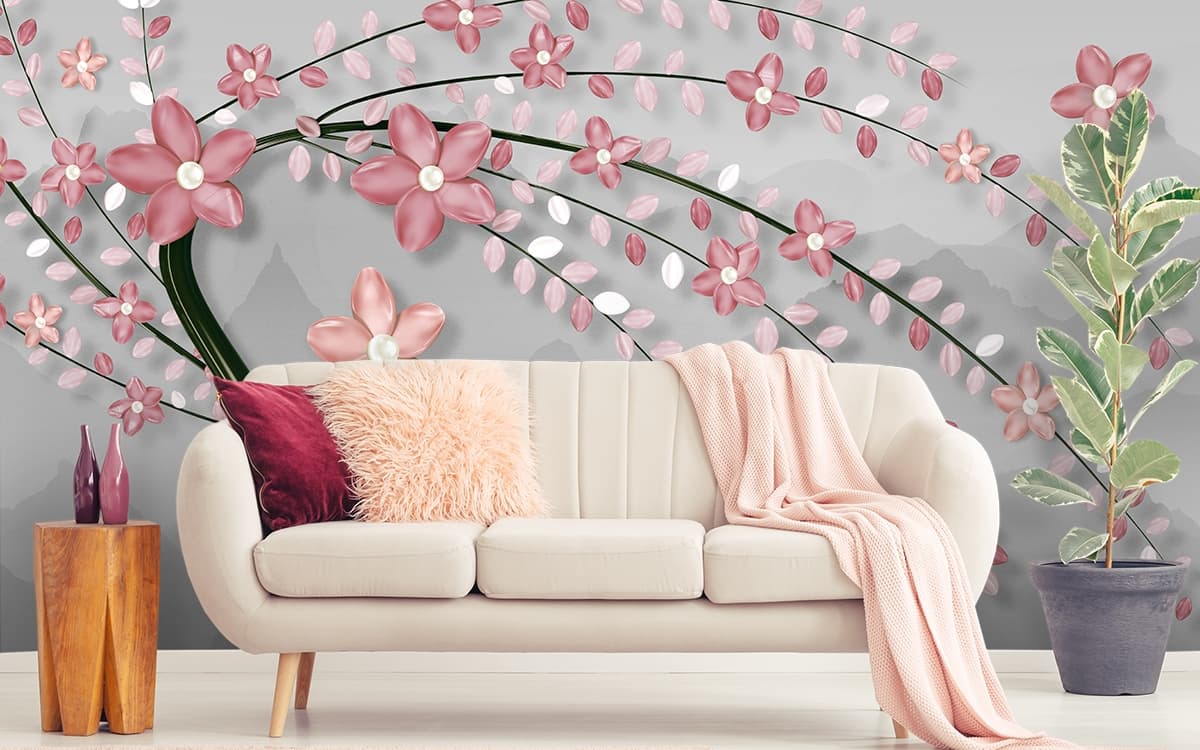 A Tree with Pink Flowers and Leaves shown in a room