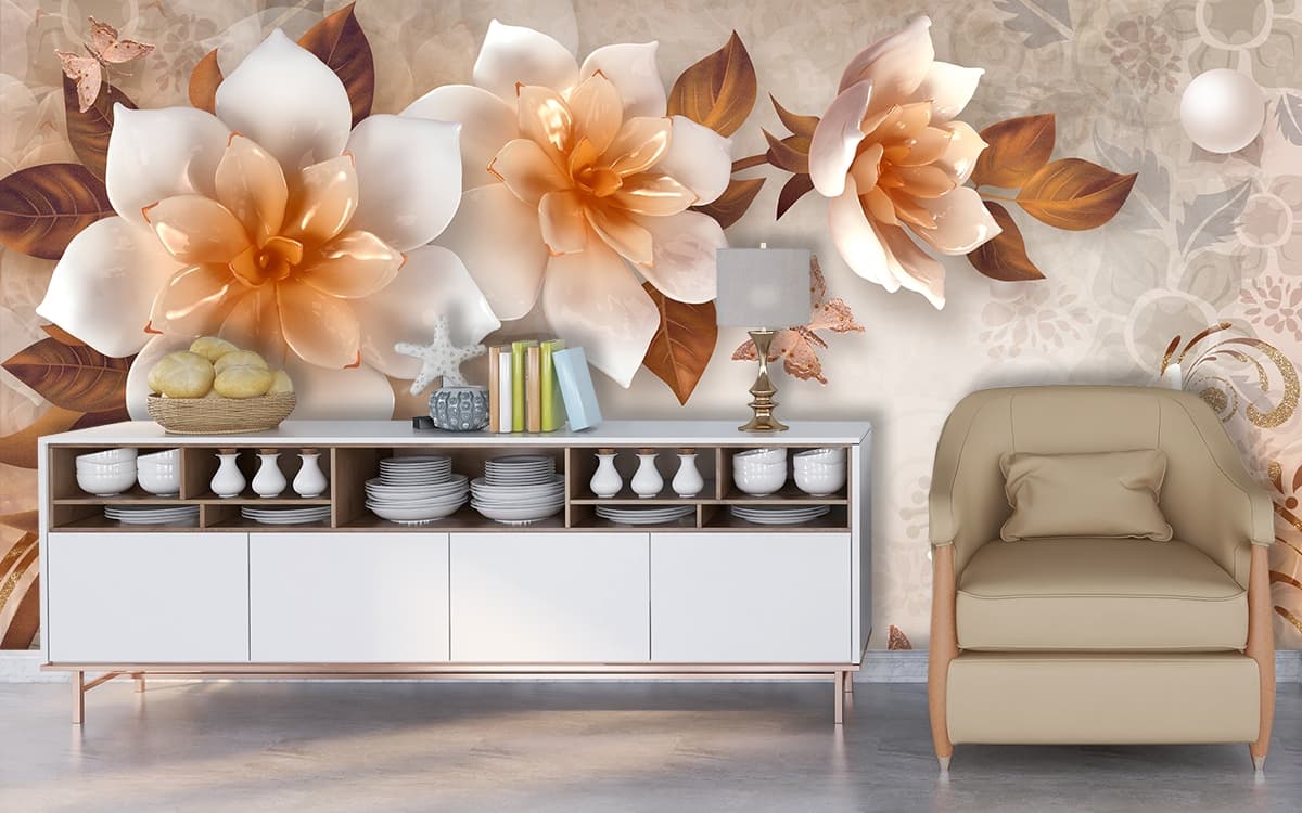 A Wallpaper for Wall of White Blossom Flowers shown in a room
