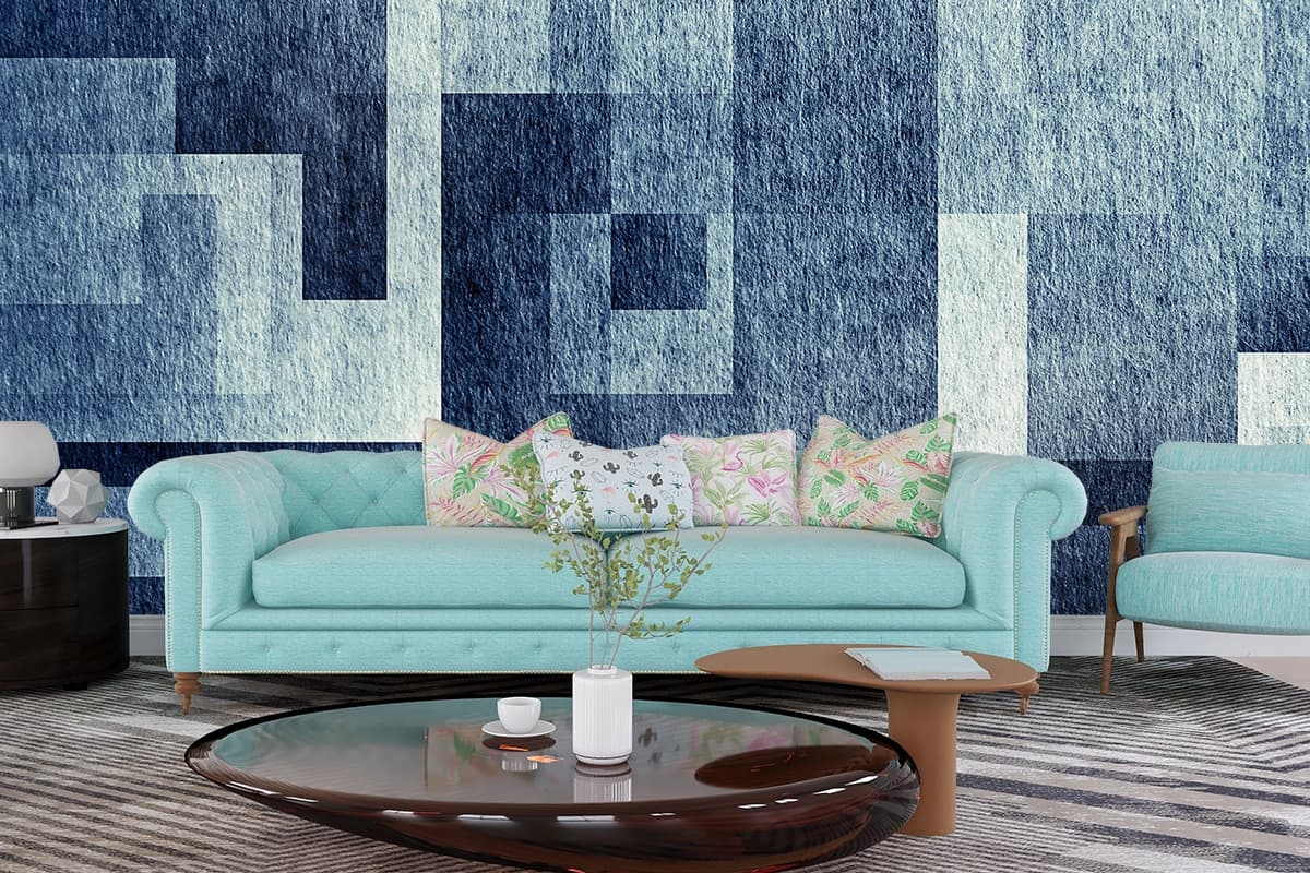 Modern Blue and White Squares Geometric Pattern Wallpaper shown in a room