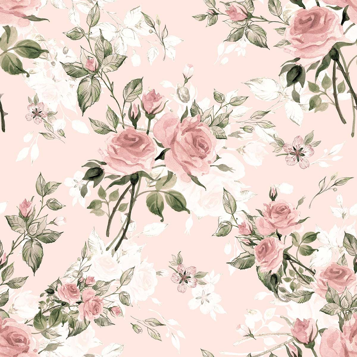 Wallpaper Mural With Pattern of Pink Roses and Green Leaves pattern detail