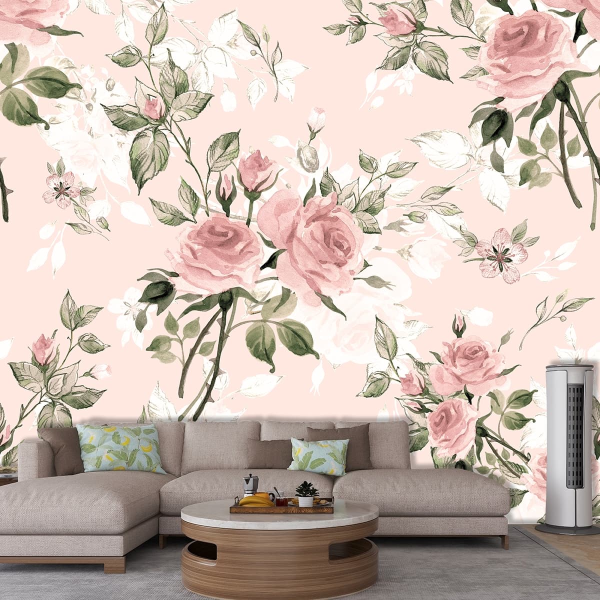 Wallpaper Mural With Pattern of Pink Roses and Green Leaves shown in a room