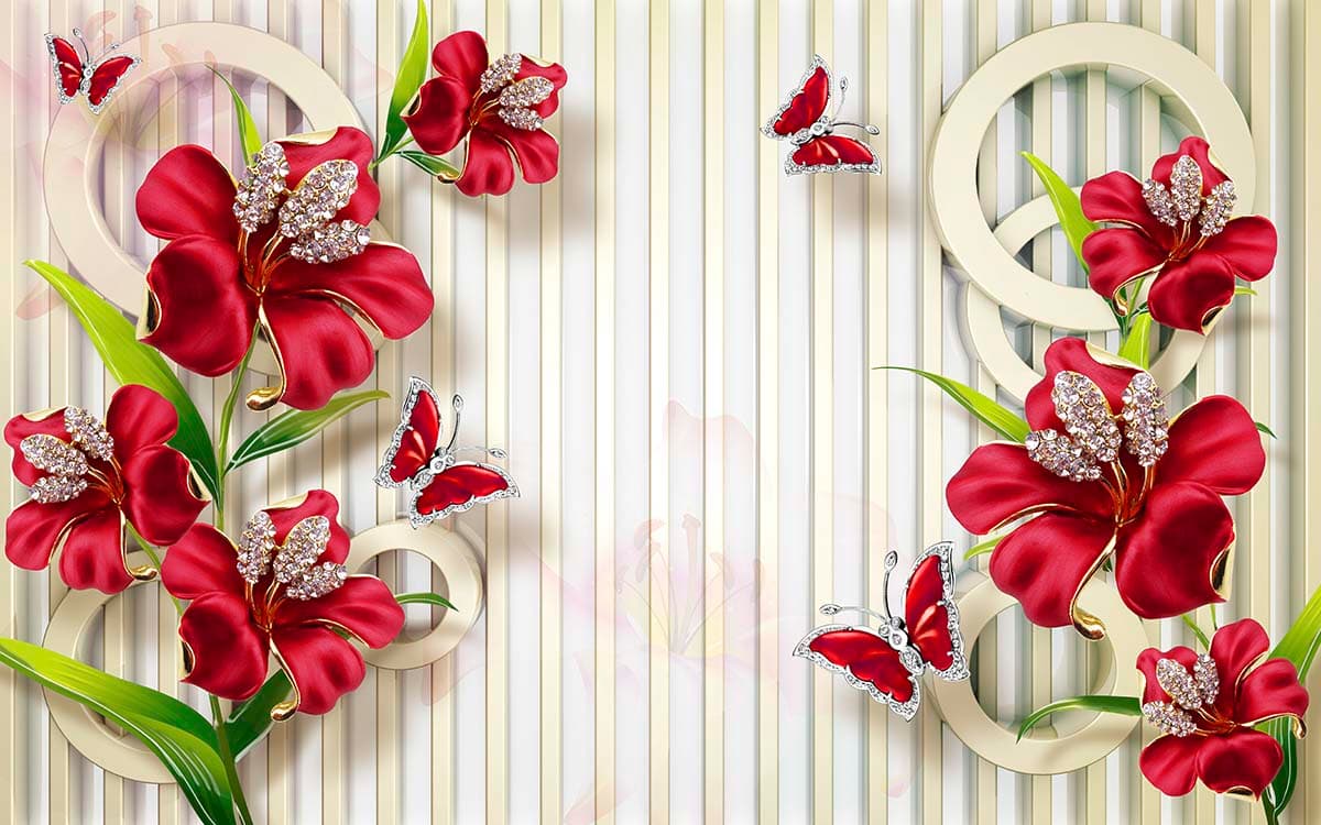 Red Flowers and Butterflies Elegant Wall Mural Wallpaper pattern detail