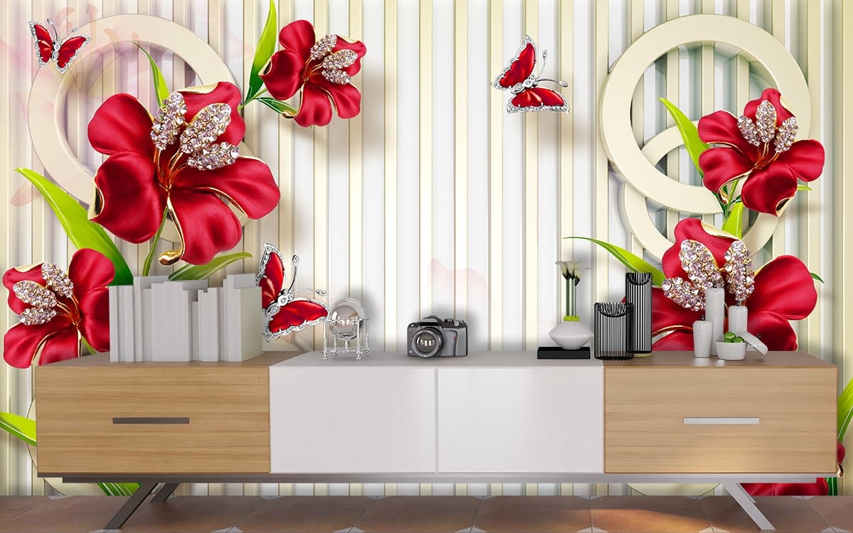 Red Flowers and Butterflies Elegant Wall Mural Wallpaper shown in a room
