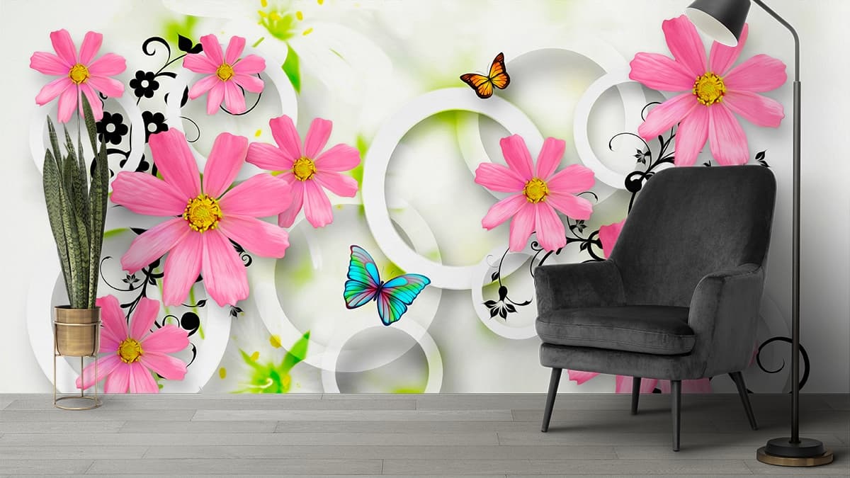 Aesthetic Pink Floral Butterfly Circle Wallpaper shown in a room